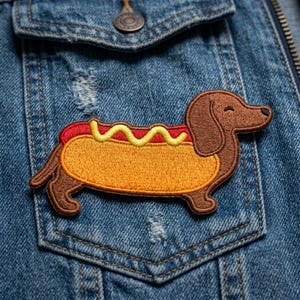 May include: Embroidered patch featuring a dachshund hot dog design. The patch has a brown dog body, a yellow bun, red ketchup, and yellow mustard. The patch is on a blue denim jacket.