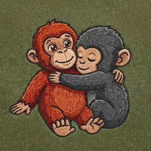 May include: Embroidered image of two hugging monkeys. One monkey is orange with a smiling face, and the other is gray with closed eyes. The background is a solid olive green color.
