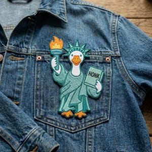 May include: Embroidered patch featuring a goose dressed as the Statue of Liberty, holding a torch and a book with the word "HONK." The patch is in shades of teal, orange, and white, and is affixed to a denim jacket.