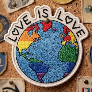 May include: Embroidered patch featuring a globe with continents colored in rainbow hues. The text "LOVE IS LOVE" is embroidered in black around the globe. The patch is on a corkboard with other patches.