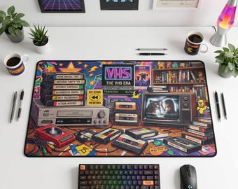 Retro VHS Desk Mat, 90s Nostalgia Mouse Pad, Be Kind Rewind VCR Decor