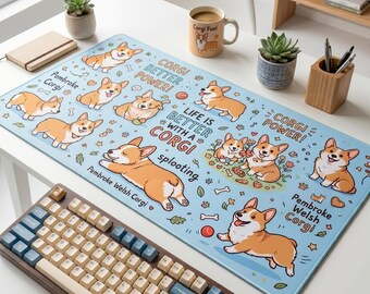 Pembroke Welsh Corgi Desk Mat, Kawaii Dog Mouse Pad, Pastel Blue Workspace Decor
