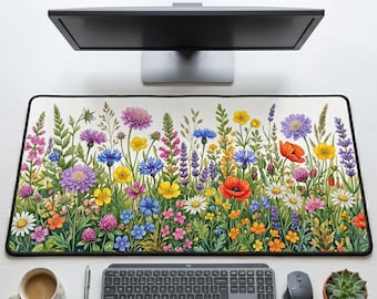 Wildflower Meadow Desk Mat, Botanical Floral Mouse Pad, Cottagecore Spring Office Accessory