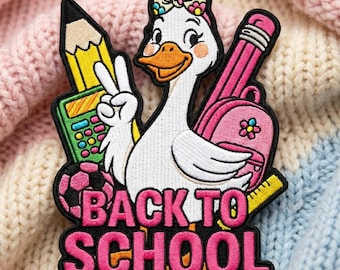 Back to School Goose Teacher Embroidered Patch, First Day of School Girl Iron On Sew On Applique, Cute Classroom Badge