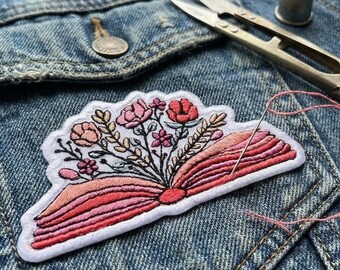 Floral Book Embroidered Patch – Blooming Reading Iron-On Applique for Jackets, Bags