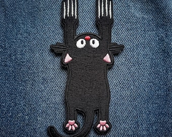 Black Cat Holding On Embroidered Patch, Cute Hanging Kitty Iron On Applique, Funny Cat Meme Badge, Jacket Backpack Gift
