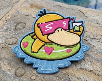 Summer Duck Vibes Embroidered Patch, Cute Beach Duck Iron On Sew On Applique, Tropical Vacation Badge Gift