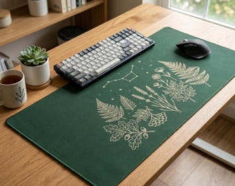 Dark Green Botanical Desk Mat, Celestial Fern Line Art Mouse Pad, Cottagecore Workspace Decor