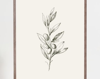 Minimal Olive Branch Botanical Wall Art Print, Calming Nature Line Art, Neutral Gray-Green Poster for Living Room Bedroom or Office