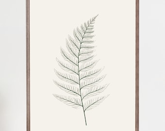 Minimal Fern Botanical Wall Art Print, Calming Nature Line Art, Neutral Green Poster for Living Room, Bedroom or Office
