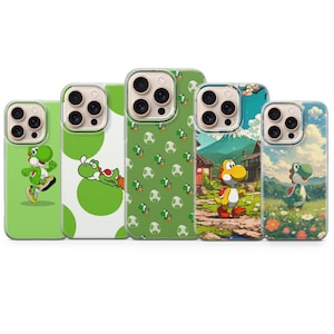 May include: A collection of five phone cases featuring colorful illustrations of Yoshi from the Super Mario video game series. The cases showcase various designs, including Yoshi in action poses and patterned backgrounds.