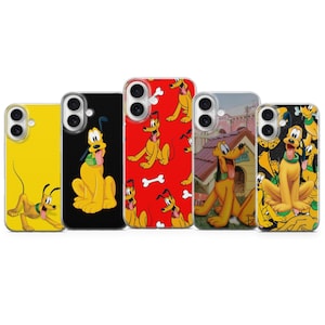 May include: Five phone cases showcasing Pluto, the Disney cartoon dog. Designs include a yellow case with Pluto running, a black case with Pluto sitting, and a red case with a Pluto pattern. The cases are for a mobile phone.