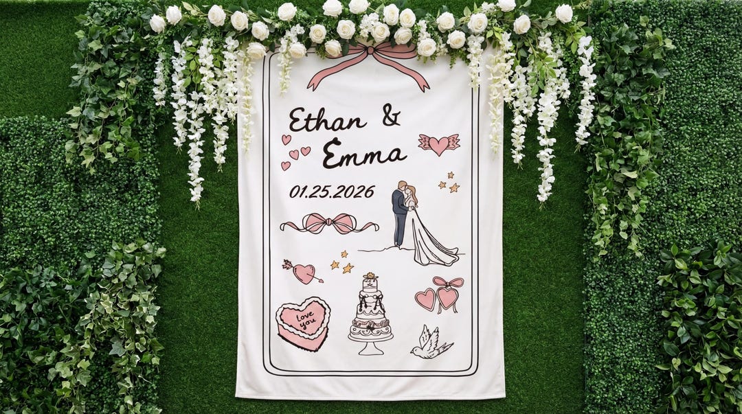 Date Backdrop Personalized Wedding Tapestry Backdrop, Cartoon Bride and Groom, Custom ...