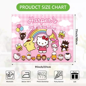 Może przedstawiać: R&oacute;żowy baner urodzinowy z Hello Kitty i innymi postaciami z kresk&oacute;wek. Baner ma 231 cm szerokości i 180 cm wysokości. Widnieje na nim napis "4. urodziny Harper" i zawiera ikony prania, ciepła, tła fotograficznego, banera imprezowego i prezentu.