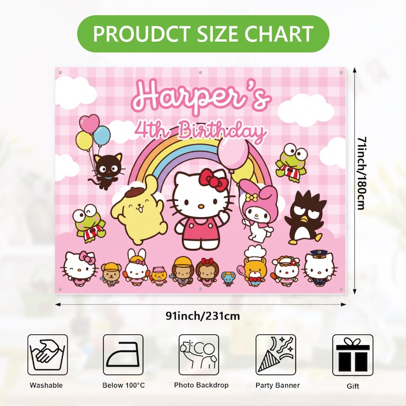 Może przedstawiać: R&oacute;żowy baner urodzinowy z Hello Kitty i innymi postaciami z kresk&oacute;wek. Baner ma 231 cm szerokości i 180 cm wysokości. Widnieje na nim napis "4. urodziny Harper" i zawiera ikony prania, ciepła, tła fotograficznego, banera imprezowego i prezentu.