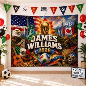 May include: A 2026 World Cup party backdrop featuring the text 'JAMES WILLIAMS 2026', the Statue of Liberty, a bald eagle, a soccer trophy, a soccer ball, a guitar, a sombrero, a lucha libre mask, and flags of the USA, Canada, and Mexico.