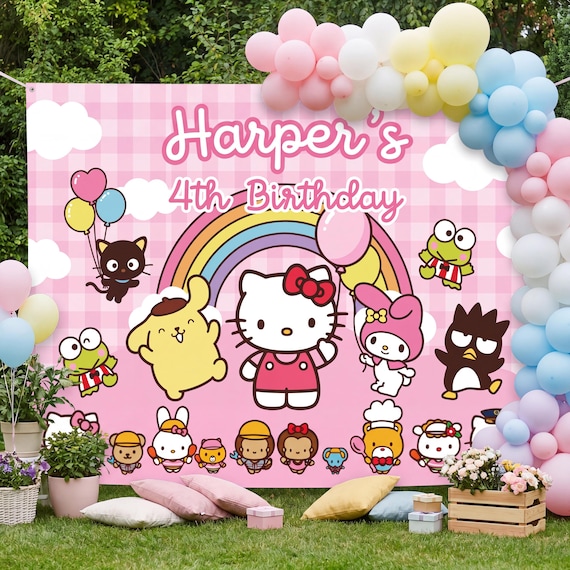 Custom Hello Kitty Birthday Backdrop, Personalized Sanrio Party Banner, Pink Kawaii Decorations, Girls Tapestry Sign, Photo Booth Props