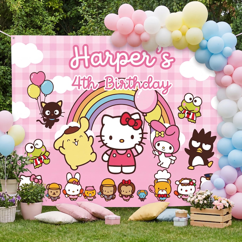 Może przedstawiać: R&oacute;żowy baner z napisem "Harper's 4th Birthday" i postaciami z kresk&oacute;wek. Baner ma wz&oacute;r w kratkę i tęczę. Balony w r&oacute;żnych kolorach są rozmieszczone wok&oacute;ł banera.