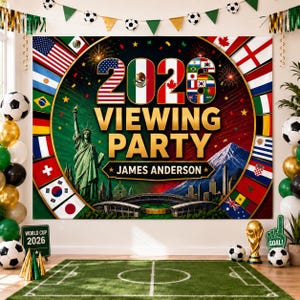 May include: A large rectangular banner for a 2026 viewing party featuring the text 2026 VIEWING PARTY JAMES ANDERSON. The design includes the Statue of Liberty, a stadium, a mountain, fireworks, and a border of various international flags.