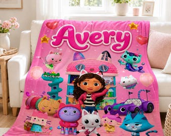 Personalized Gabby Cat Blanket Custom Name Flannel Throw Kitty Dollhouse Kids Bedding Toddler Girl Birthday Gift Pink Cat Room Decor