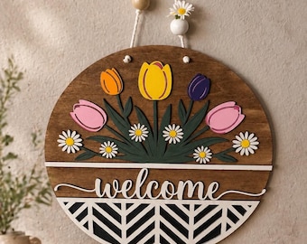 Floral Welcome Home Sign|Tulip & Daisy Door Hanger