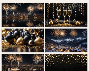 Gold and Black New Year Wallpaper Bundle, Fireworks and Champagne Desktop and Phone Backgrounds, Printable New Year Cards