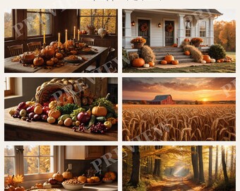 Thanksgiving Harvest Wallpaper Bundle, Cozy Fall Farmhouse Desktop and Phone Backgrounds, Printable Thanksgiving Cards and Art