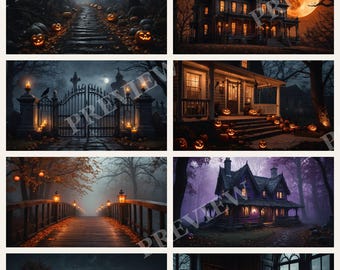 Spooky Halloween Wallpaper Bundle, Haunted House and Pumpkin Desktop and Phone Backgrounds, Printable Halloween Wall Art