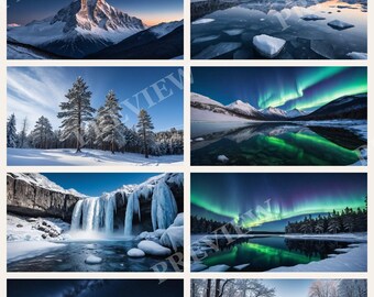 Winter Wonderland Wallpaper Bundle, Snowy Mountains and Aurora Borealis Desktop and Phone Backgrounds, Winter Landscape Wall Art