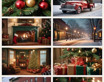 Vintage 1950s Christmas Wallpaper Bundle, Retro Red Truck and Ornaments Desktop and Phone Backgrounds, Vintage Christmas Postcards