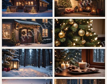 Cozy Christmas Wallpaper Bundle, Snowy Cabin and Fireplace Desktop and Phone Backgrounds, Printable Christmas Postcards and Wall Art