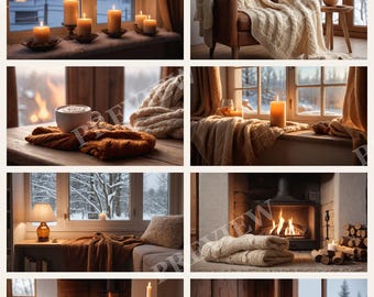 Hygge Winter Wallpaper Bundle, Cozy Candlelit Window and Fireplace Desktop and Phone Backgrounds, Printable Cozy Winter Postcards and Art