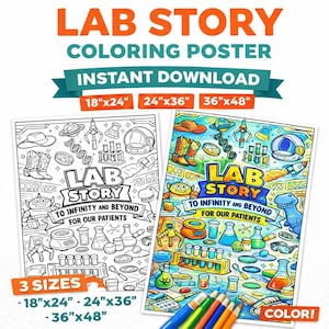 May include: A "Lab Story" colouring poster with the text "Instant Download". Available in three sizes: 45.7cm x 61cm, 61cm x 91.4cm, and 91.4cm x 122cm. The image shows a black and white and a coloured version of the poster.