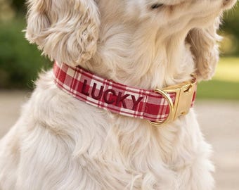 Personalized Embroidered Dog Collar, Custom Name Gingham Plaid Pet Accessory, Christmas Pet Gift