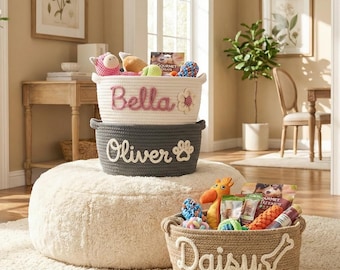 Custom Pet Toy Basket with Name, Personalized Woven Dog & Cat Storage Organizer