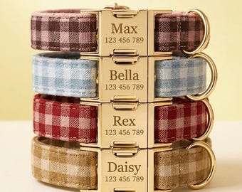 Personalized Dog Collar with Name & Phone Number, Custom Plaid Pet Collar, Engraved ID Collar, Adjustable Puppy Gift