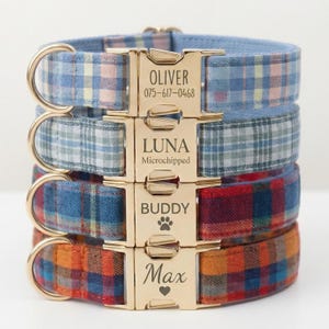 May include: Four plaid dog collars in blue, green, red, and orange. Each collar has a gold-colored buckle with a name and contact information or a pet's name and a paw print.