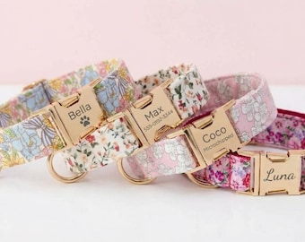 Floral Dog Collar & Leash Set | Personalized Engraved ID, Bow Tie