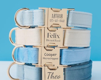 Personalized Velvet Dog Collar, Engraved Gold Nameplate, Puppy Gift