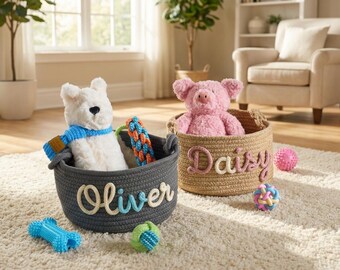 Personalized Pet Toy Basket – Handwoven Cotton Rope Storage, Pet Mum Gift, Dog Basket, Cat Basket