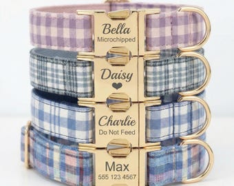 Plaid Dog Collar, Engraved Gold Name Plate, Tartan Puppy Collar
