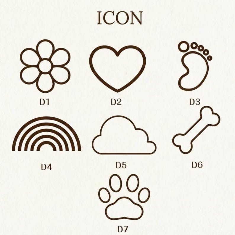 May include: A collection of seven brown line art icons on a cream background. The icons include a flower, heart, baby footprint, rainbow, cloud, dog bone, and paw print. The word "ICON" is at the top.