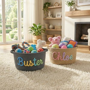 May include: Two rope baskets filled with dog toys sit on a cream-colored rug. The gray basket has the name "Buster" in blue and yellow letters. The tan basket has the name "Chloe" in pink and yellow letters. The baskets contain various dog toys.