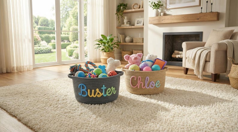 May include: Two rope baskets filled with dog toys sit on a cream-colored rug. The gray basket has the name "Buster" in blue and yellow letters. The tan basket has the name "Chloe" in pink and yellow letters. The baskets contain various dog toys.