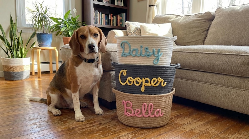 May include: A beagle sits next to three stacked rope baskets. The top basket is white with "Daisy" in light blue. The middle basket is dark gray with "Cooper" in yellow. The bottom basket is tan with "Bella" in pink.