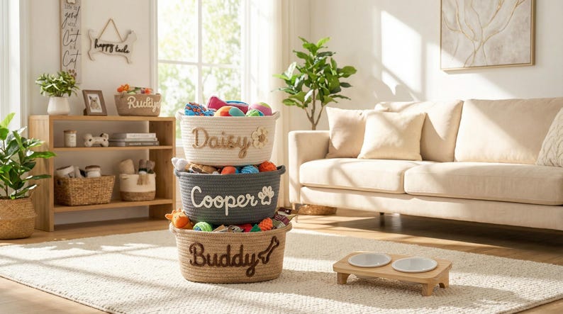 May include: Three woven rope baskets stacked on top of each other, each labeled with a pet's name: "Daisy", "Cooper", and "Buddy". The baskets are filled with colorful dog toys. The scene is set in a living room with a sofa and a wooden shelf.