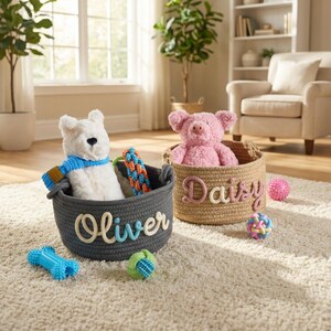 May include: Two rope baskets with stuffed animals and toys sit on a cream rug. One basket is gray with the name "Oliver" and a white polar bear. The other is tan with the name "Daisy" and a pink pig.
