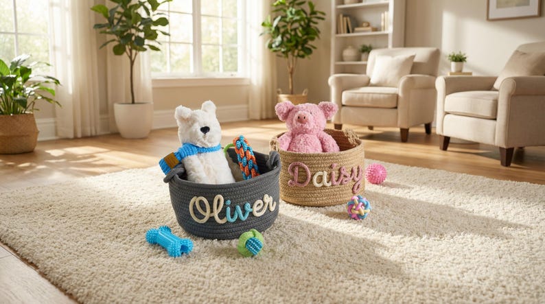 May include: Two rope baskets with stuffed animals and toys sit on a cream rug. One basket is gray with the name "Oliver" and a white polar bear. The other is tan with the name "Daisy" and a pink pig.