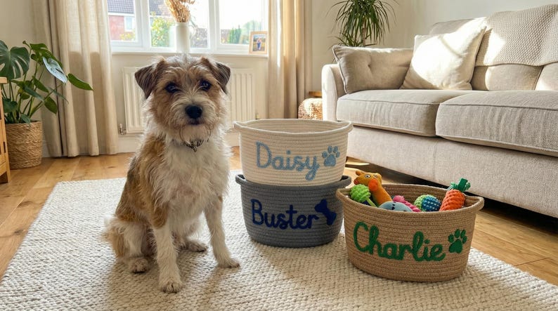 May include: A tan and white dog sits near three rope baskets. The baskets are labeled "Daisy", "Buster", and "Charlie". The "Daisy" basket is light blue, the "Buster" basket is gray, and the "Charlie" basket is tan and filled with dog toys.
