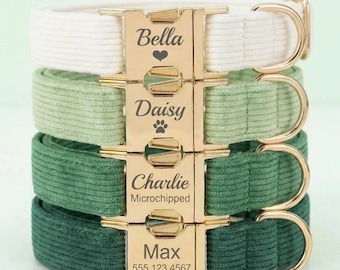 Personalized Cotton Dog Collar with Engraved ID Tag – Adjustable Custom Name Pet Collar with Gold Buckle, Durable Puppy & Small Dog Gift